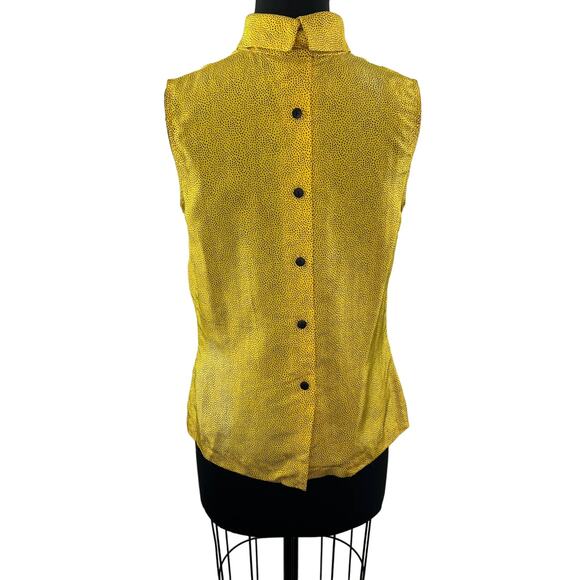 VINTAGE Cathy Hardwick Yellow Black 8 Blouse Polka Dot Silk Collar Back Button - Picture 3 of 7